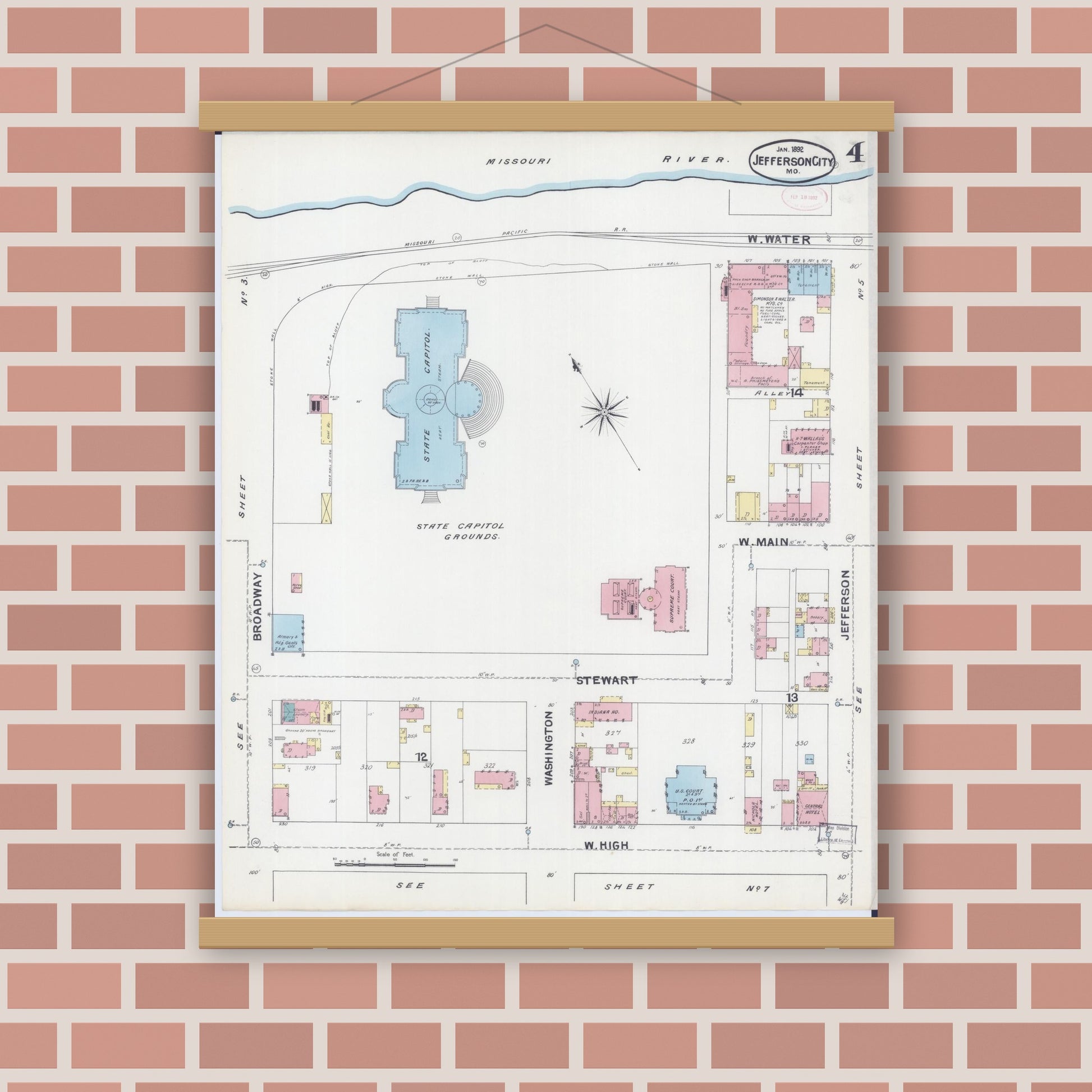 Old map wall art mockup — magnetic wood frame on brick wall — Sanborn Fire Insurance Map from Jefferson City, Cole County, Missouri (1892), Sheet #0004