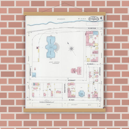 Old map wall art mockup — magnetic wood frame on brick wall — Sanborn Fire Insurance Map from Jefferson City, Cole County, Missouri (1892), Sheet #0004
