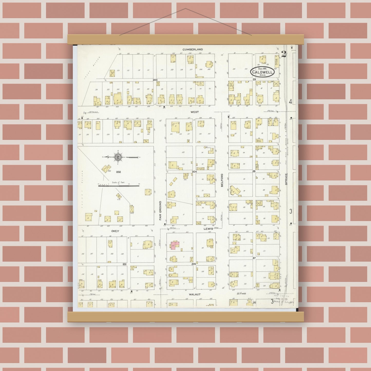 Old map wall art mockup — magnetic wood frame on brick wall — Sanborn Fire Insurance Map from Caldwell, Noble County, Ohio (1911), Sheet #0002