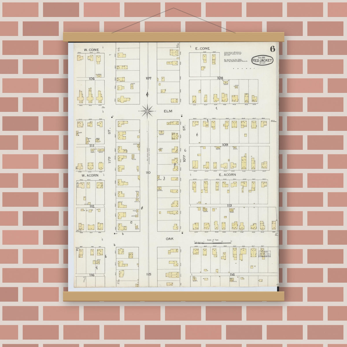 Old map wall art mockup — magnetic wood frame on brick wall — Sanborn Fire Insurance Map from Red Jacket, Houghton County, Michigan (1893), Sheet #0006