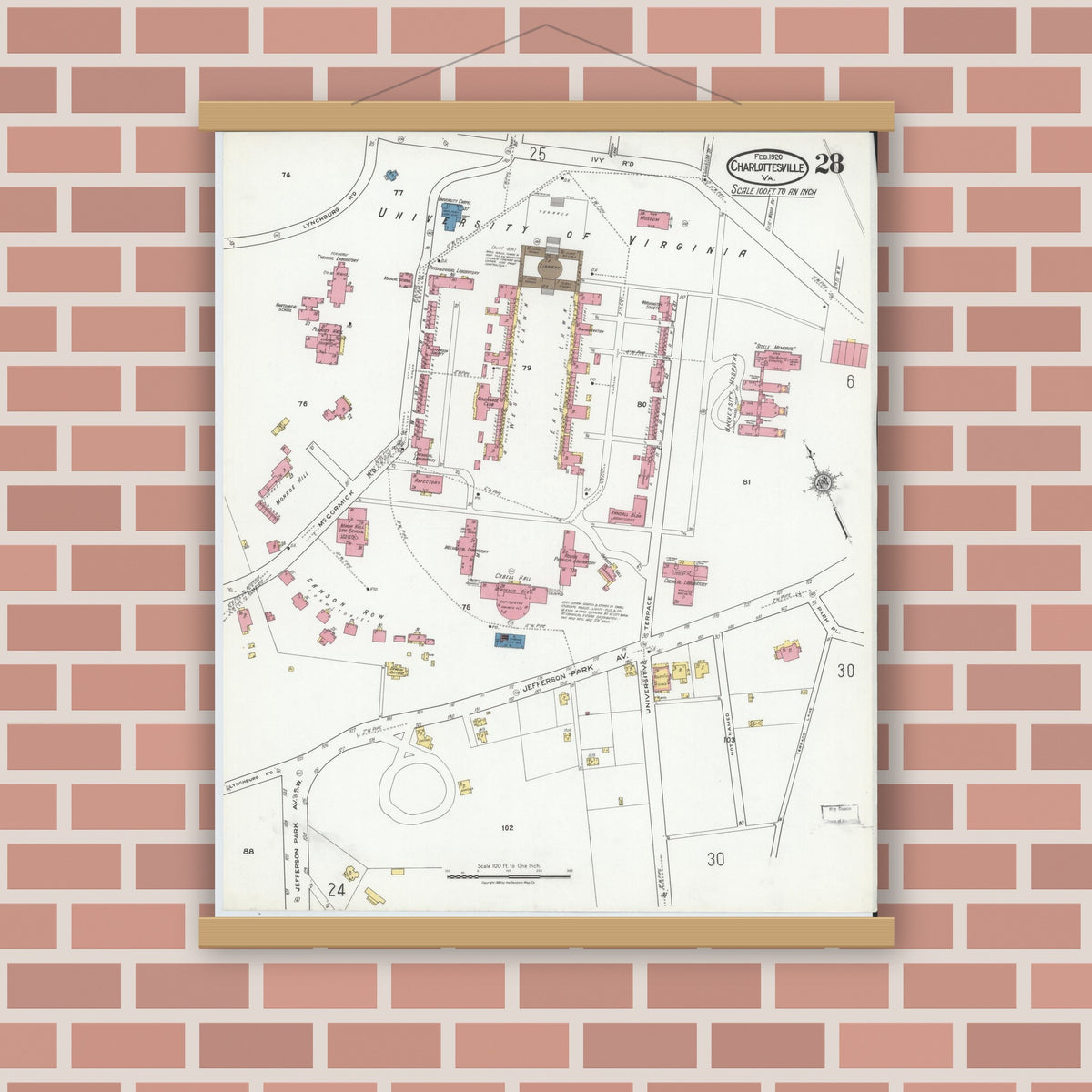 Old map wall art mockup — magnetic wood frame on brick wall — Sanborn Fire Insurance Map from Charlottesville, Independent Cities, Virginia (1920), Sheet #0028