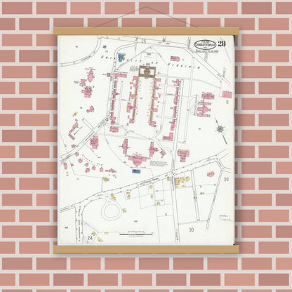 Old map wall art mockup — magnetic wood frame on brick wall — Sanborn Fire Insurance Map from Charlottesville, Independent Cities, Virginia (1920), Sheet #0028