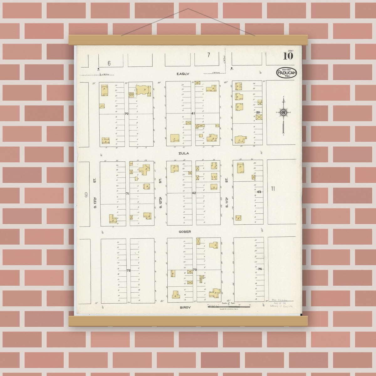 Old map wall art mockup — magnetic wood frame on brick wall — Sanborn Fire Insurance Map from Paducah, Cottle County, Texas (1921), Sheet #0010