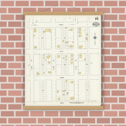 Old map wall art mockup — magnetic wood frame on brick wall — Sanborn Fire Insurance Map from Paducah, Cottle County, Texas (1921), Sheet #0010