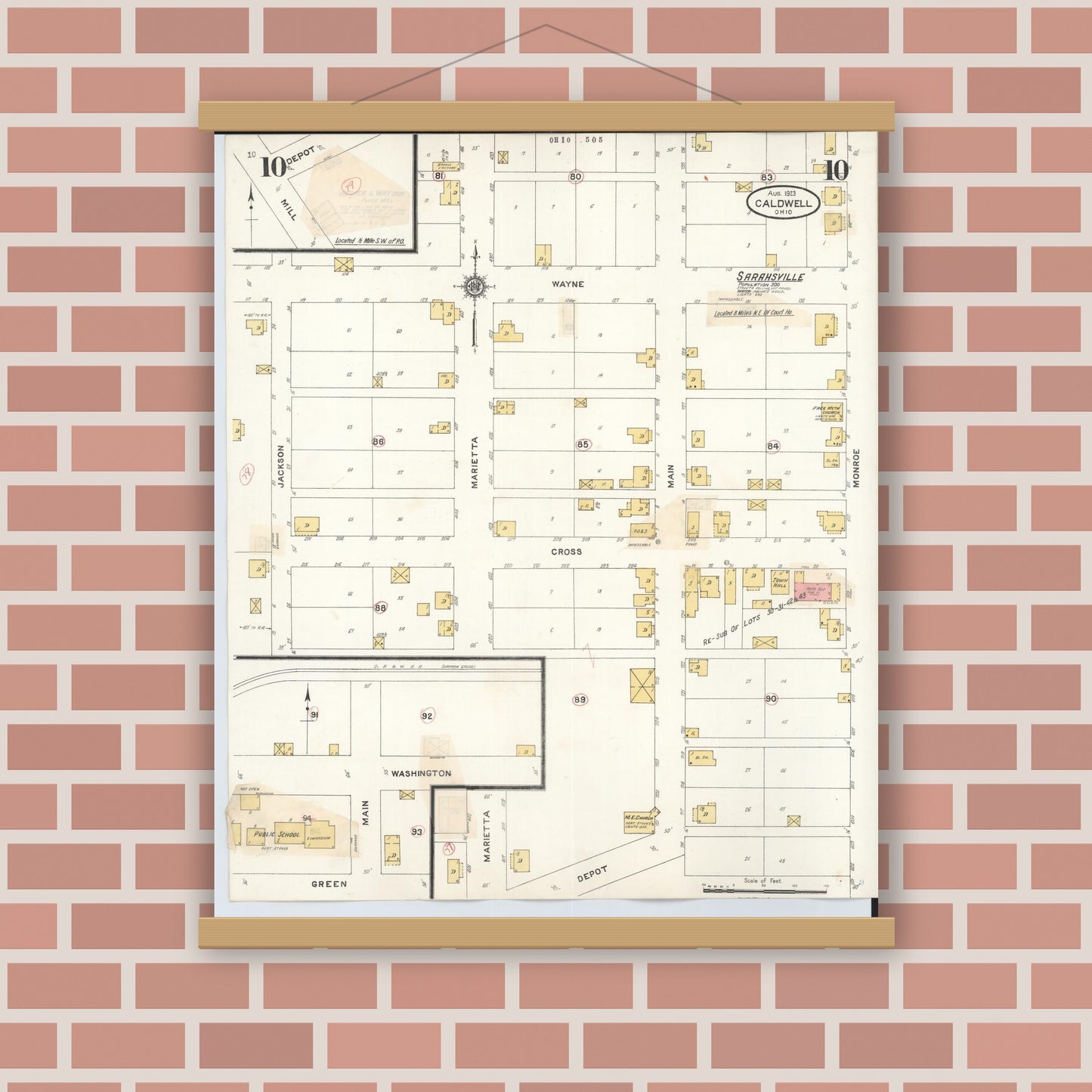Old map wall art mockup — magnetic wood frame on brick wall — Sanborn Fire Insurance Map from Caldwell, Noble County, Ohio (1932), Sheet #0010