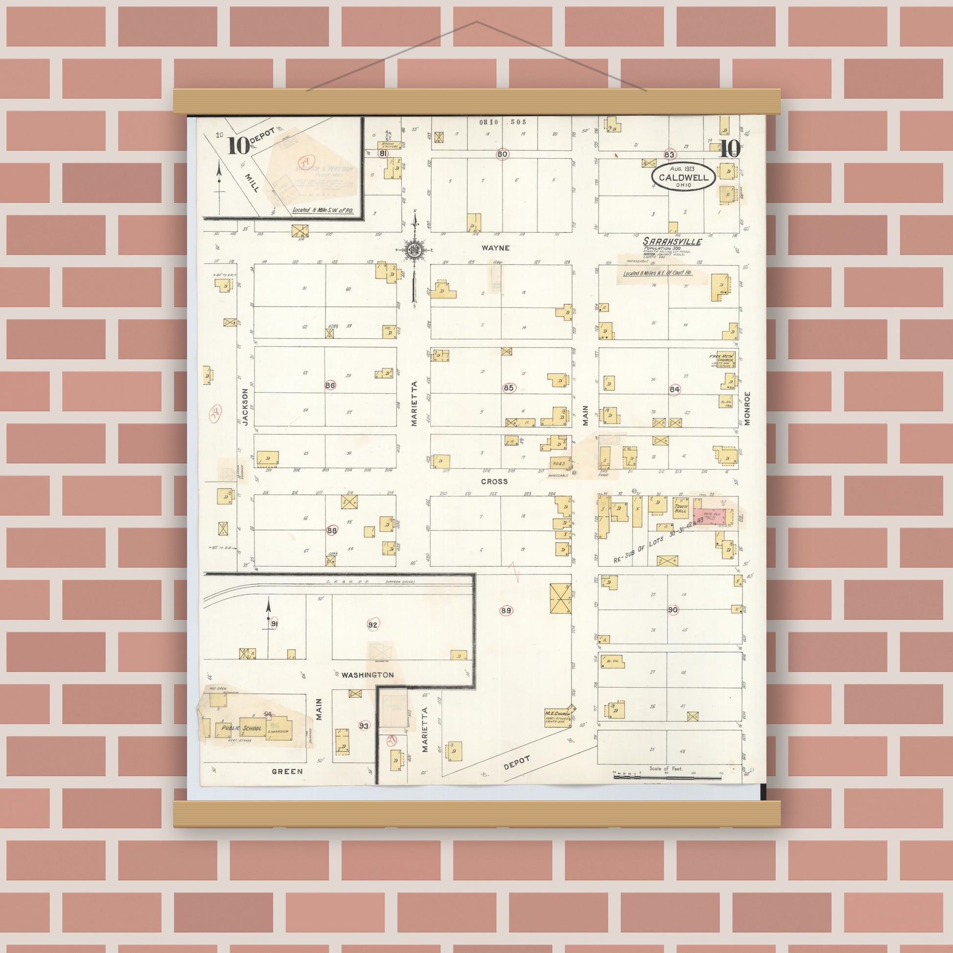 Old map wall art mockup — magnetic wood frame on brick wall — Sanborn Fire Insurance Map from Caldwell, Noble County, Ohio (1932), Sheet #0010