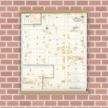 Old map wall art mockup — magnetic wood frame on brick wall — Sanborn Fire Insurance Map from Caldwell, Noble County, Ohio (1932), Sheet #0010