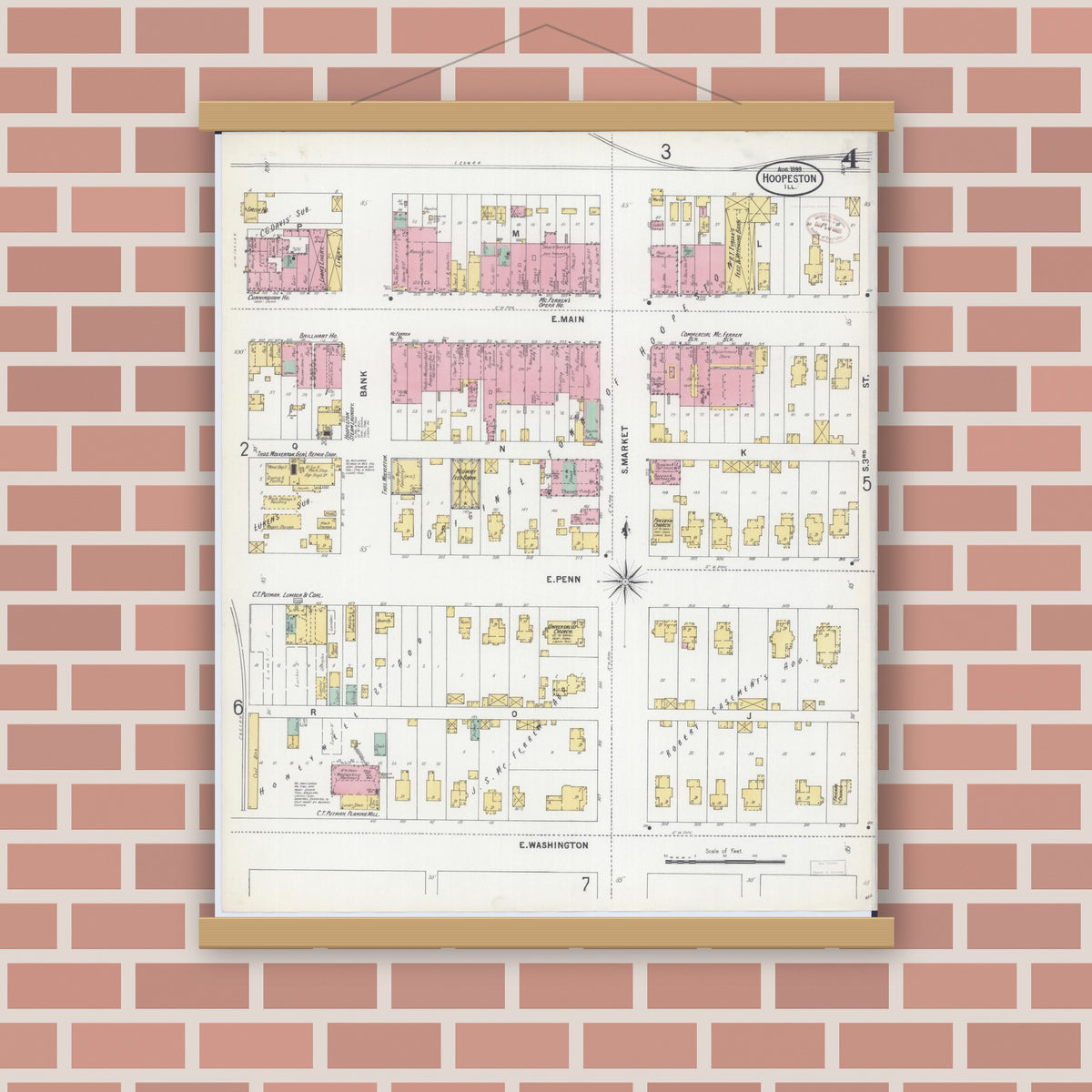 Old map wall art mockup — magnetic wood frame on brick wall — Sanborn Fire Insurance Map from Hoopeston, Vermilion County, Illinois (1899), Sheet #0004