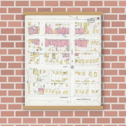 Old map wall art mockup — magnetic wood frame on brick wall — Sanborn Fire Insurance Map from Hoopeston, Vermilion County, Illinois (1899), Sheet #0004