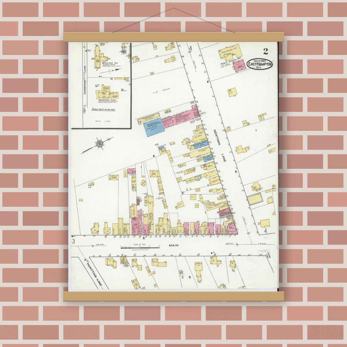 Old map wall art mockup — magnetic wood frame on brick wall — Sanborn Fire Insurance Map from Easthampton, Suffolk County, New York (1920), Sheet #0002