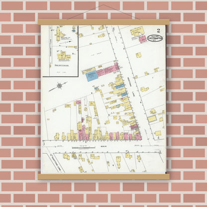Old map wall art mockup — magnetic wood frame on brick wall — Sanborn Fire Insurance Map from Easthampton, Suffolk County, New York (1920), Sheet #0002