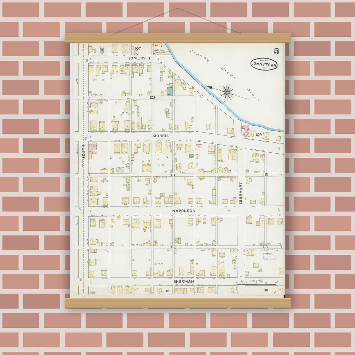 Old map wall art mockup — magnetic wood frame on brick wall — Sanborn Fire Insurance Map from Johnstown, Cambria County, Pennsylvania (1891), Sheet #0005