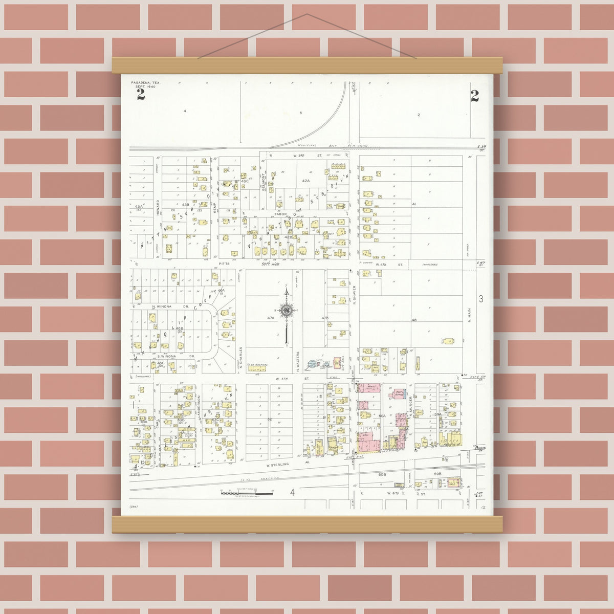 Old map wall art mockup — magnetic wood frame on brick wall — Sanborn Fire Insurance Map from Pasadena, Harris County, Texas (1940), Sheet #0002