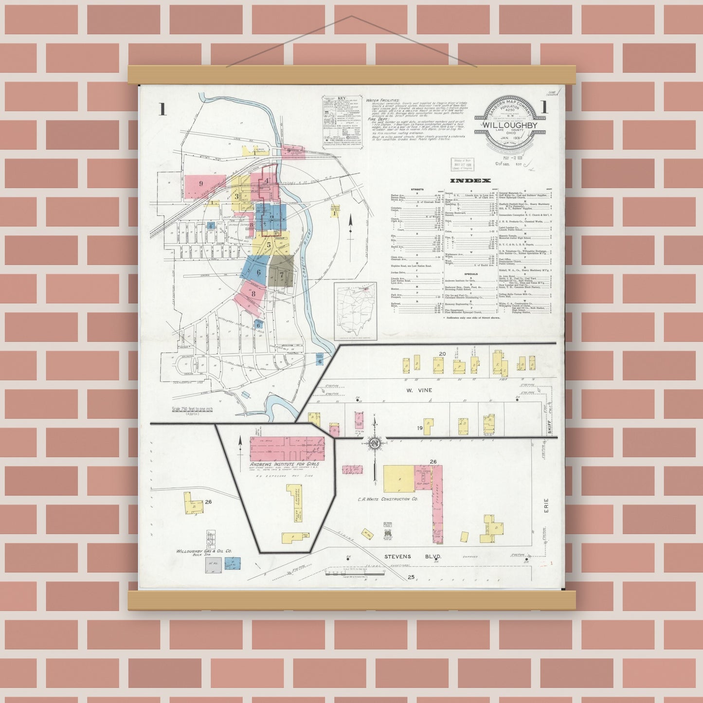 Old map wall art mockup — magnetic wood frame on brick wall — Sanborn Fire Insurance Map from Willoughby, Lake County, Ohio (1931) - Complete Map Set