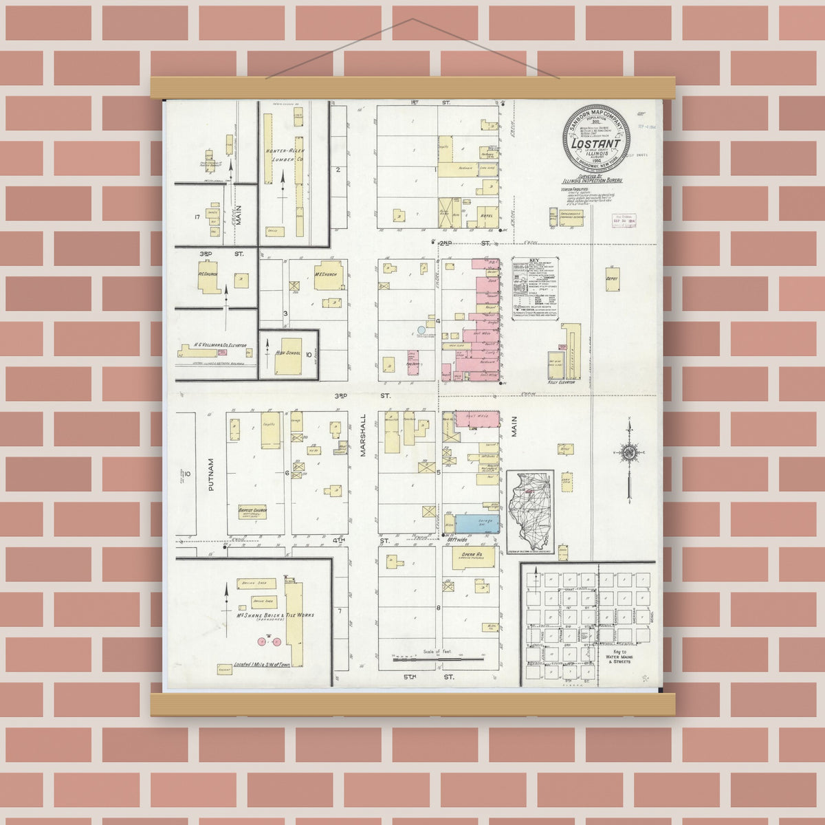 Old map wall art mockup — magnetic wood frame on brick wall — Sanborn Fire Insurance Map from Lostant, La Salle County, Illinois (1914), Sheet #0001
