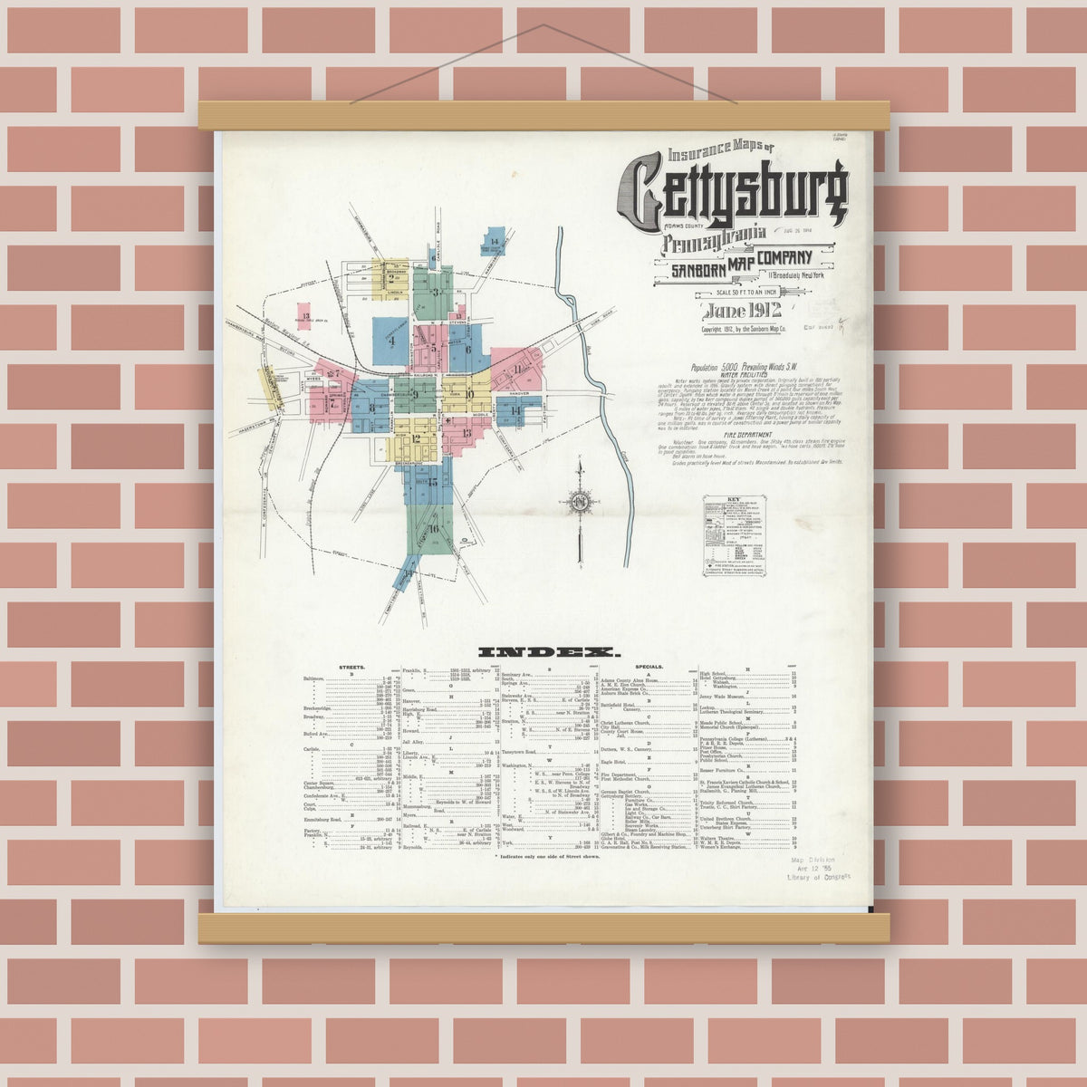 Old map wall art mockup — magnetic wood frame on brick wall — Sanborn Fire Insurance Map from Gettysburg, Adams County, Pennsylvania (1912) - Complete Map Set