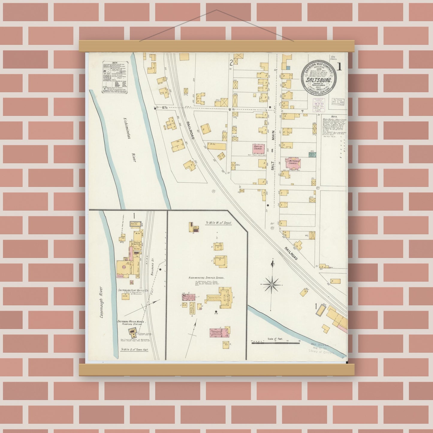 Old map wall art mockup — magnetic wood frame on brick wall — Sanborn Fire Insurance Map from Saltsburg, Indiana County, Pennsylvania (1903) - Complete Map Set