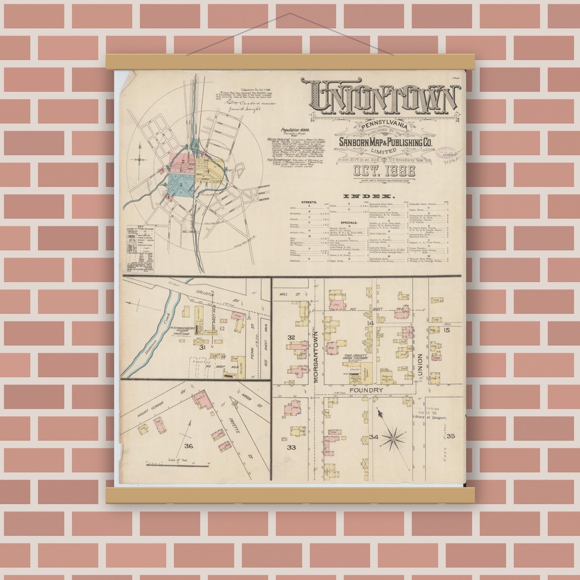 Old map wall art mockup — magnetic wood frame on brick wall — Sanborn Fire Insurance Map from Uniontown, Fayette County, Pennsylvania (1886), Sheet #0001