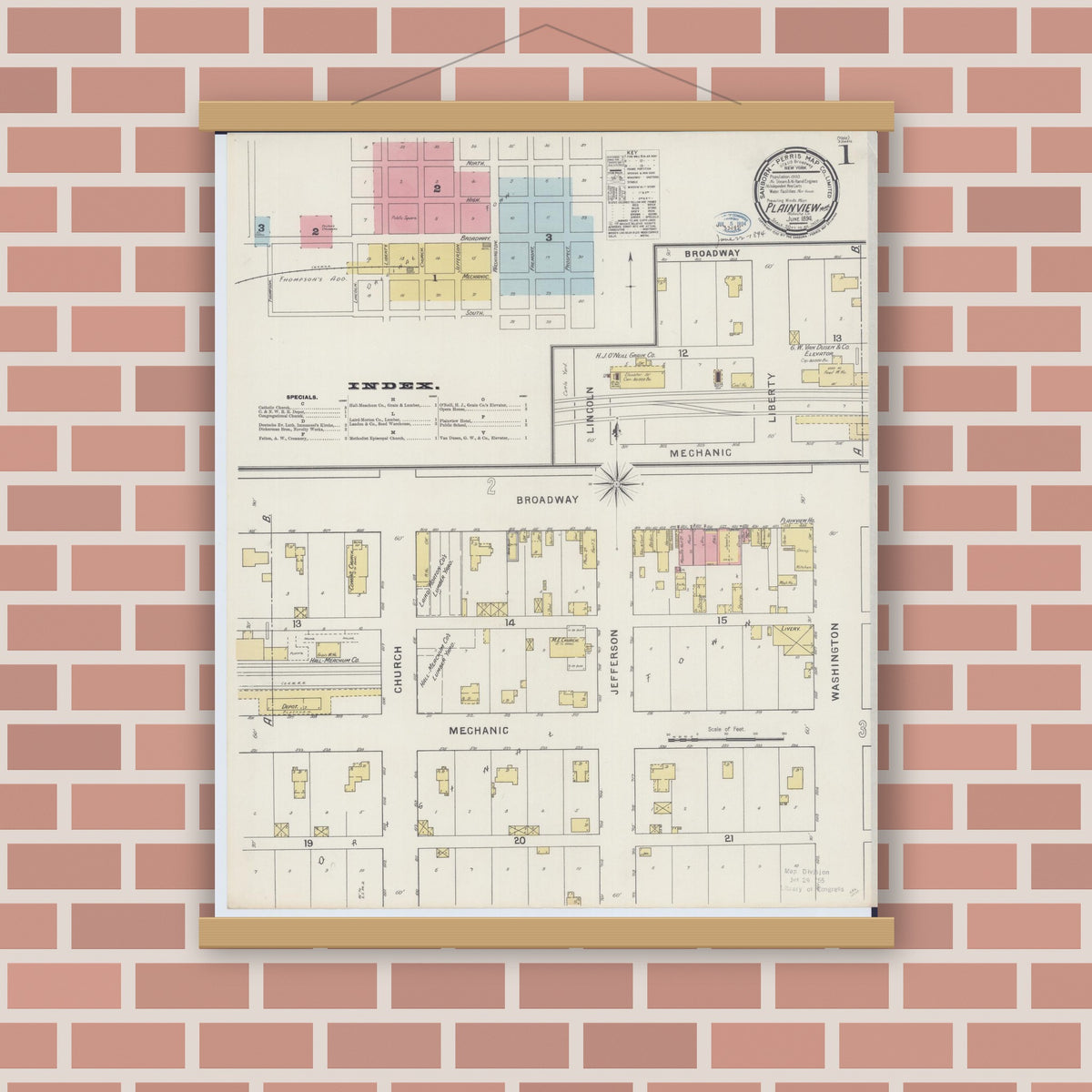 Old map wall art mockup — magnetic wood frame on brick wall — Sanborn Fire Insurance Map from Plainview, Wabasha County, Minnesota (1894), Sheet #0001