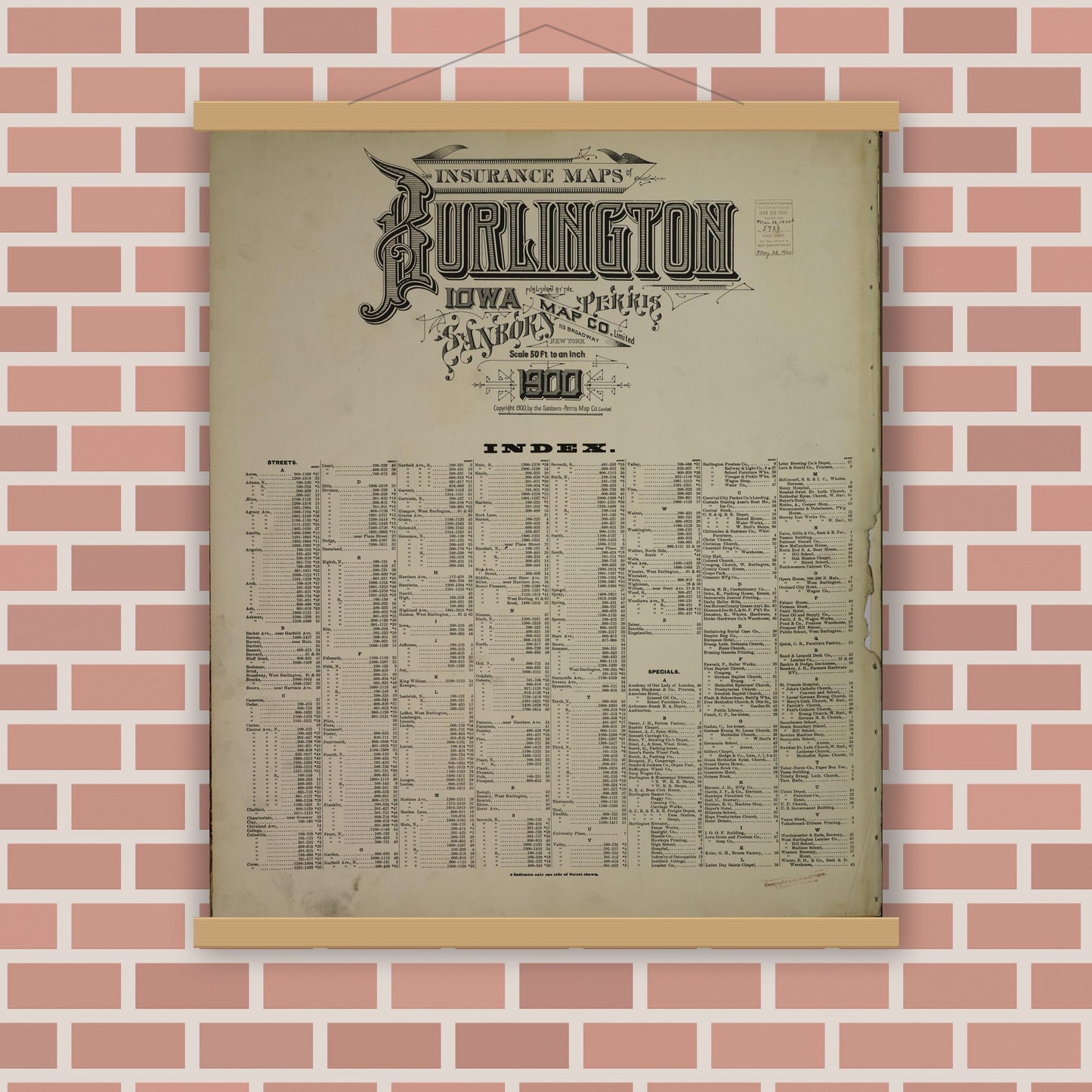 Old map wall art mockup — magnetic wood frame on brick wall — Sanborn Fire Insurance Map from Burlington, Des Moines County, Iowa (1900), Sheet #0001
