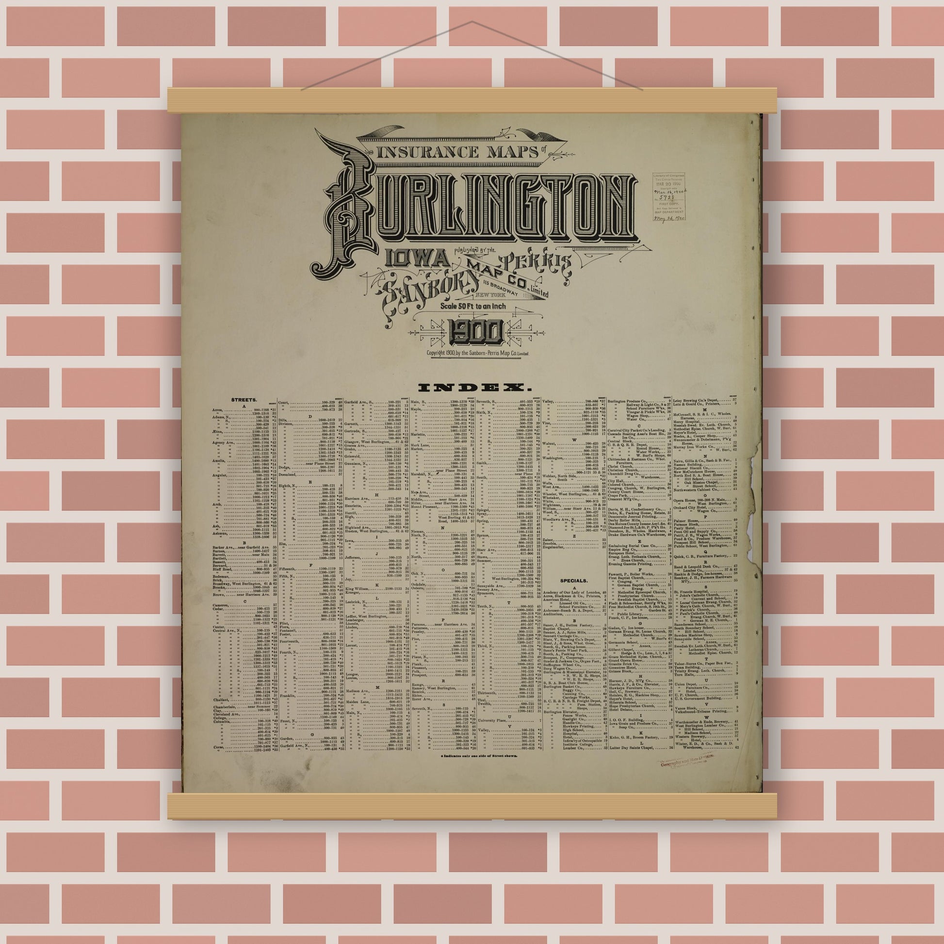 Old map wall art mockup — magnetic wood frame on brick wall — Sanborn Fire Insurance Map from Burlington, Des Moines County, Iowa (1900), Sheet #0001