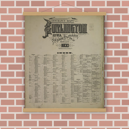 Old map wall art mockup — magnetic wood frame on brick wall — Sanborn Fire Insurance Map from Burlington, Des Moines County, Iowa (1900), Sheet #0001