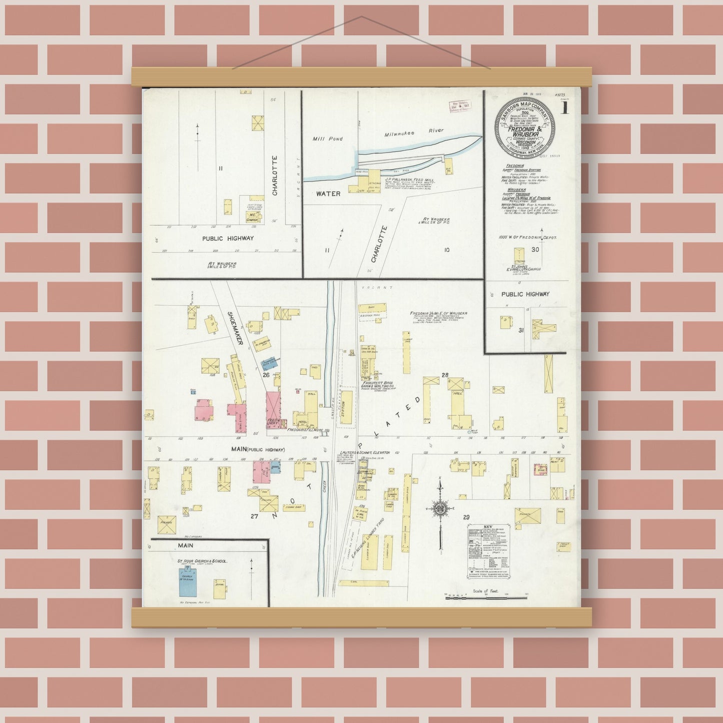 Old map wall art mockup — magnetic wood frame on brick wall — Sanborn Fire Insurance Map from Fredonia, Ozaukee County, Wisconsin (1910), Sheet #0001
