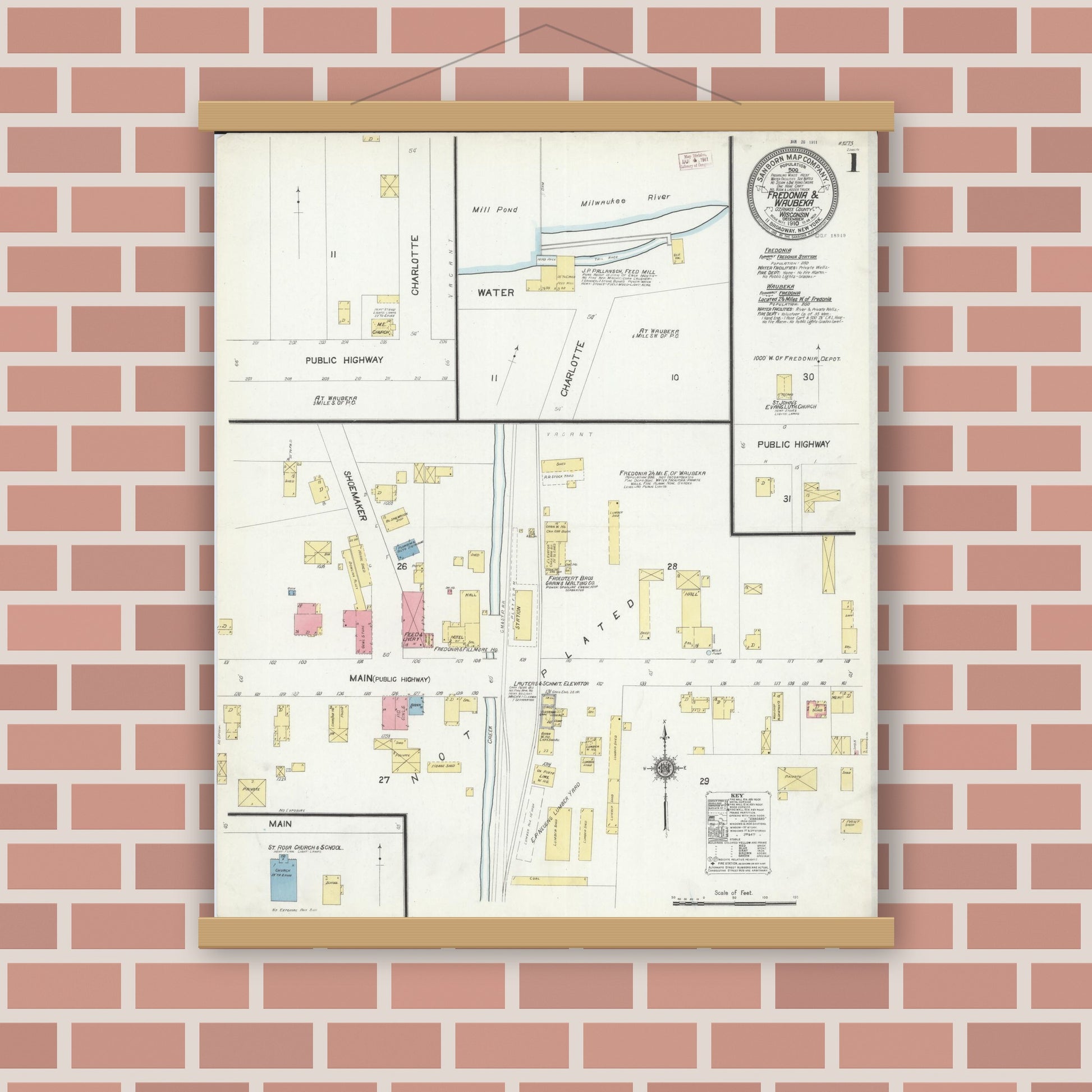 Old map wall art mockup — magnetic wood frame on brick wall — Sanborn Fire Insurance Map from Fredonia, Ozaukee County, Wisconsin (1910), Sheet #0001