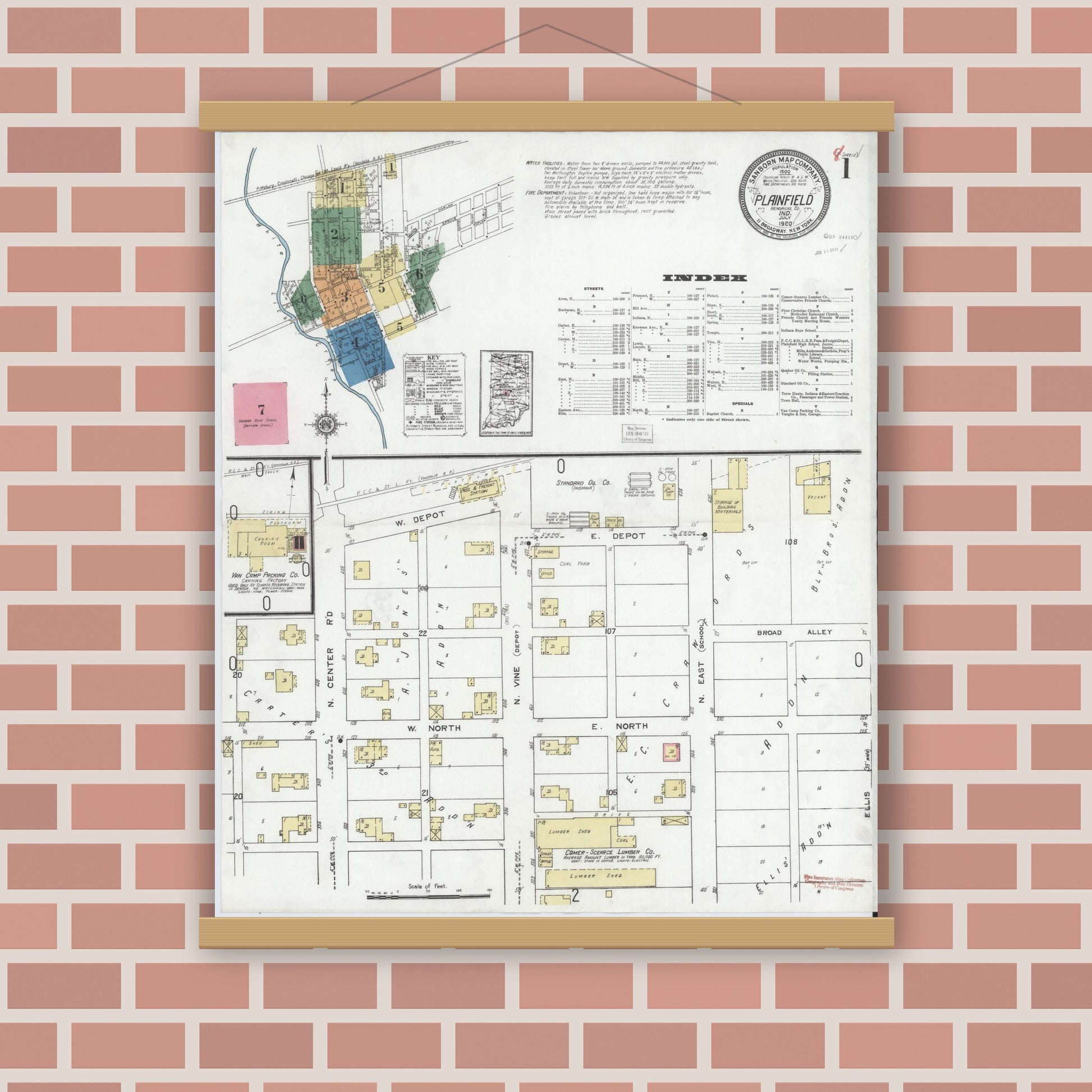 Old map wall art mockup — magnetic wood frame on brick wall — Sanborn Fire Insurance Map from Plainfield, Hendricks County, Indiana (1920), Sheet #0001