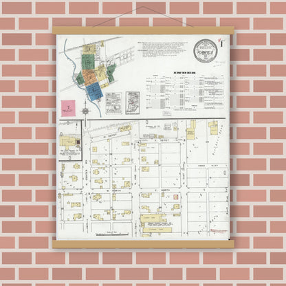 Old map wall art mockup — magnetic wood frame on brick wall — Sanborn Fire Insurance Map from Plainfield, Hendricks County, Indiana (1920), Sheet #0001