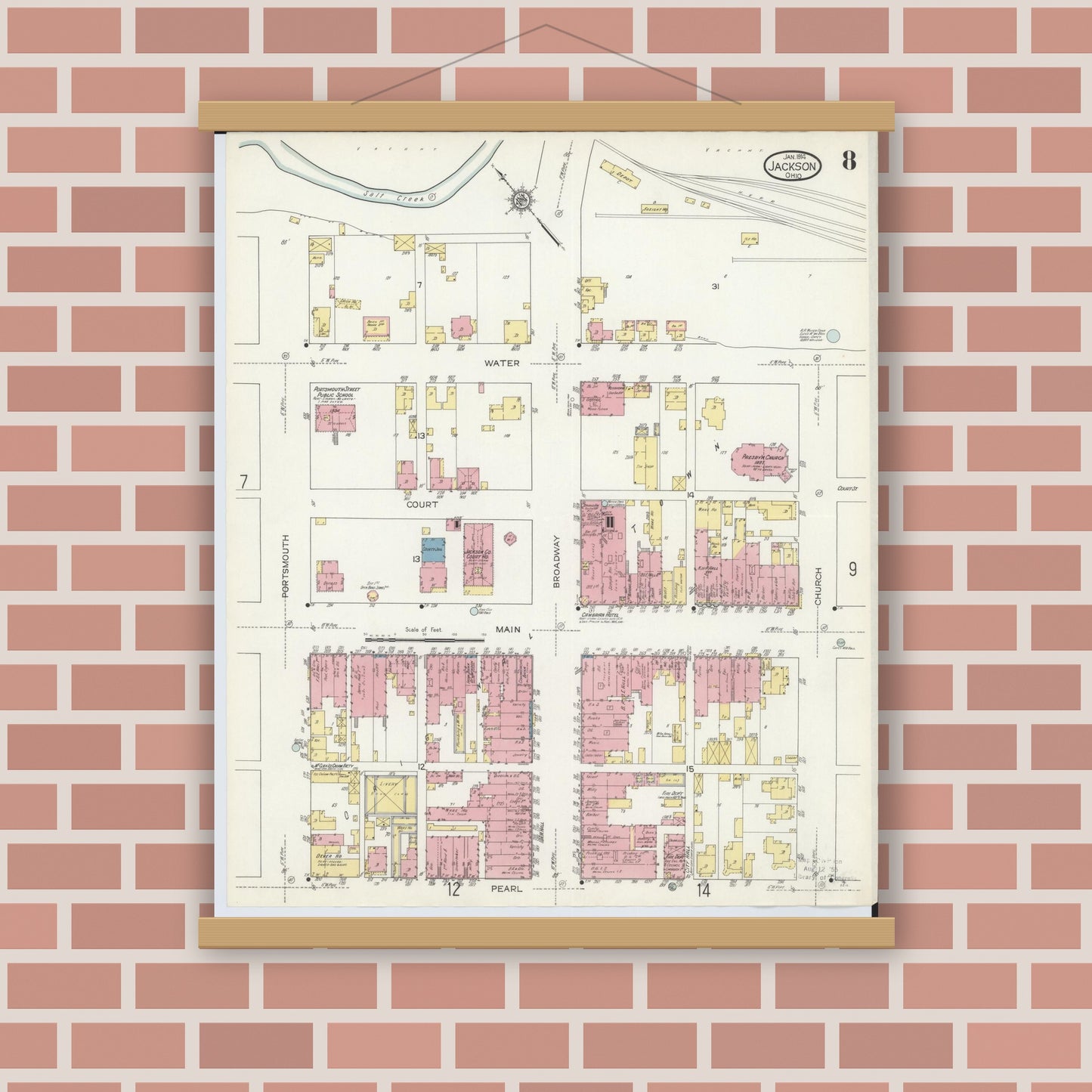 Old map wall art mockup — magnetic wood frame on brick wall — Sanborn Fire Insurance Map from Jackson, Jackson County, Ohio (1914), Sheet #0008
