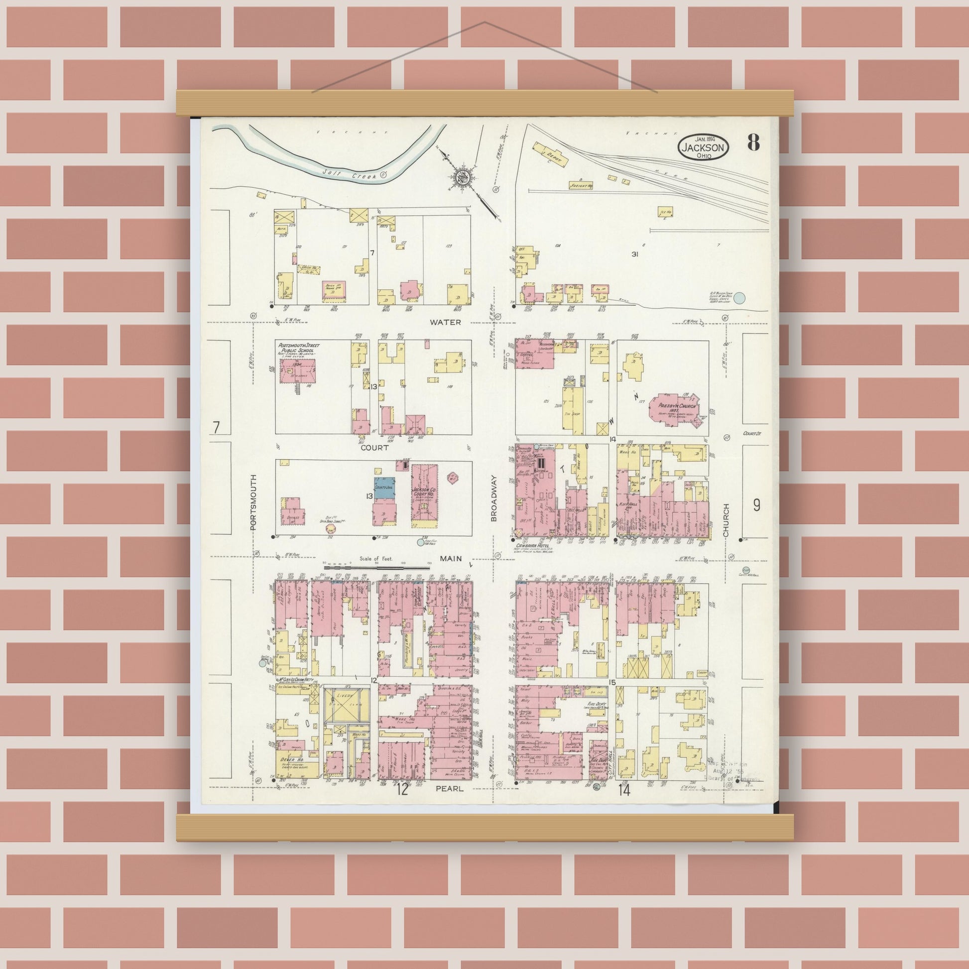 Old map wall art mockup — magnetic wood frame on brick wall — Sanborn Fire Insurance Map from Jackson, Jackson County, Ohio (1914), Sheet #0008