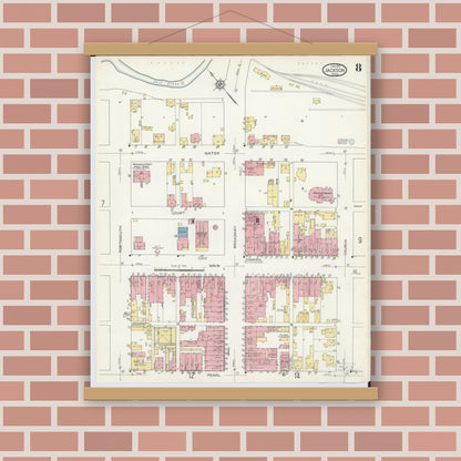 Old map wall art mockup — magnetic wood frame on brick wall — Sanborn Fire Insurance Map from Jackson, Jackson County, Ohio (1914), Sheet #0008