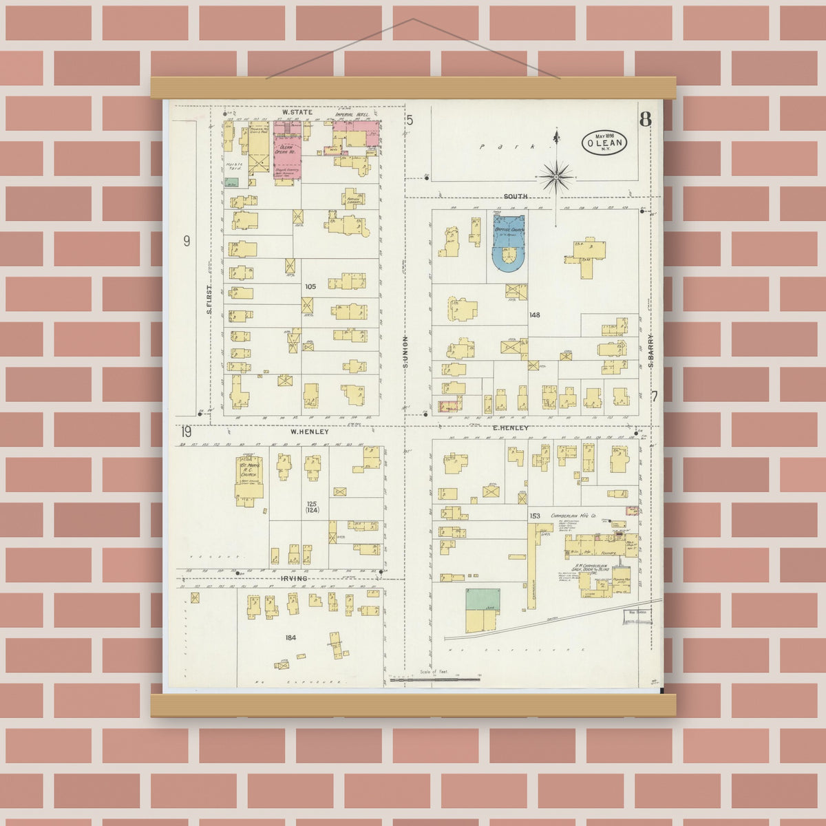 Old map wall art mockup — magnetic wood frame on brick wall — Sanborn Fire Insurance Map from Olean, Cattaraugus County, New York (1898), Sheet #0008