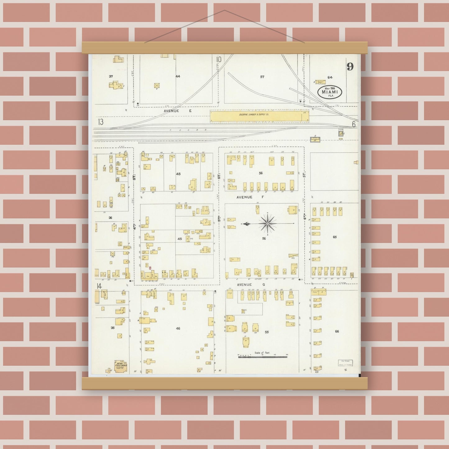 Old map wall art mockup — magnetic wood frame on brick wall — Sanborn Fire Insurance Map from Miami, Dade County, Florida (1906), Sheet #0009