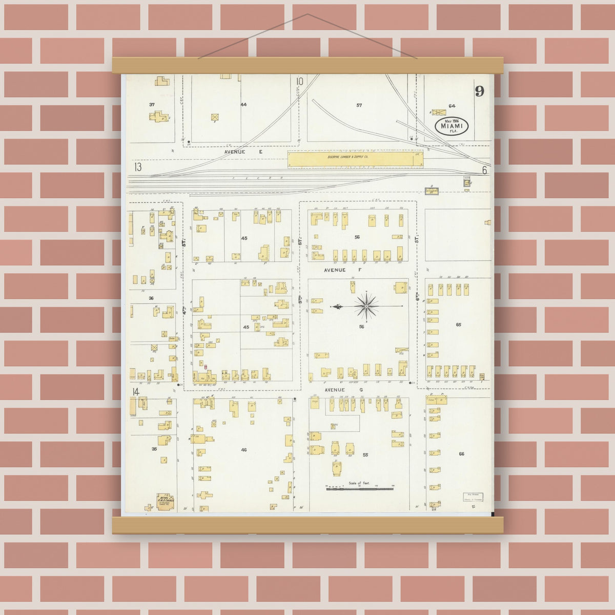 Old map wall art mockup — magnetic wood frame on brick wall — Sanborn Fire Insurance Map from Miami, Dade County, Florida (1906), Sheet #0009