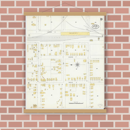 Old map wall art mockup — magnetic wood frame on brick wall — Sanborn Fire Insurance Map from Miami, Dade County, Florida (1906), Sheet #0009
