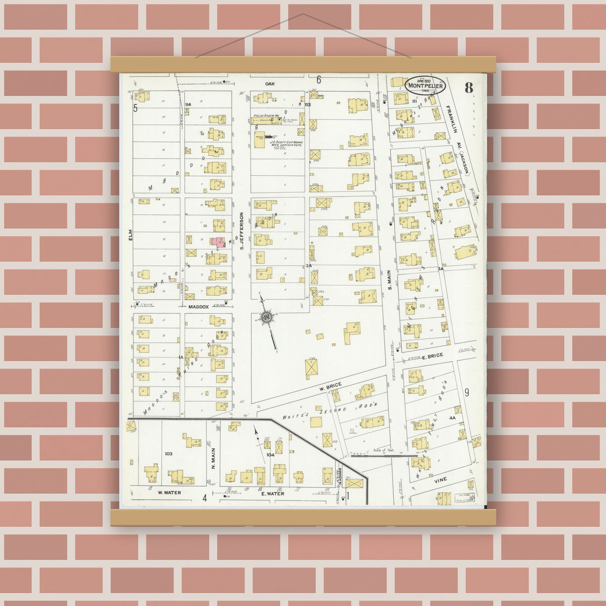 Old map wall art mockup — magnetic wood frame on brick wall — Sanborn Fire Insurance Map from Montpelier, Blackford County, Indiana (1910), Sheet #0008