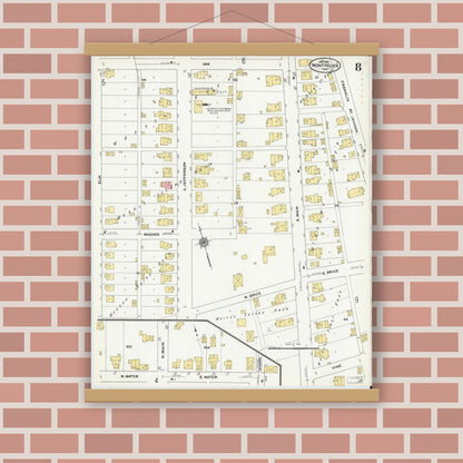 Old map wall art mockup — magnetic wood frame on brick wall — Sanborn Fire Insurance Map from Montpelier, Blackford County, Indiana (1910), Sheet #0008