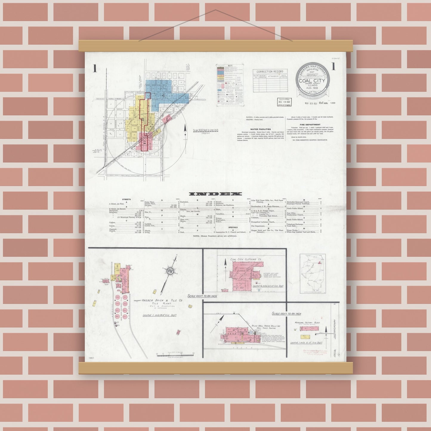Old map wall art mockup — magnetic wood frame on brick wall — Sanborn Fire Insurance Map from Coal City, Grundy County, Illinois (1933) - Complete Map Set