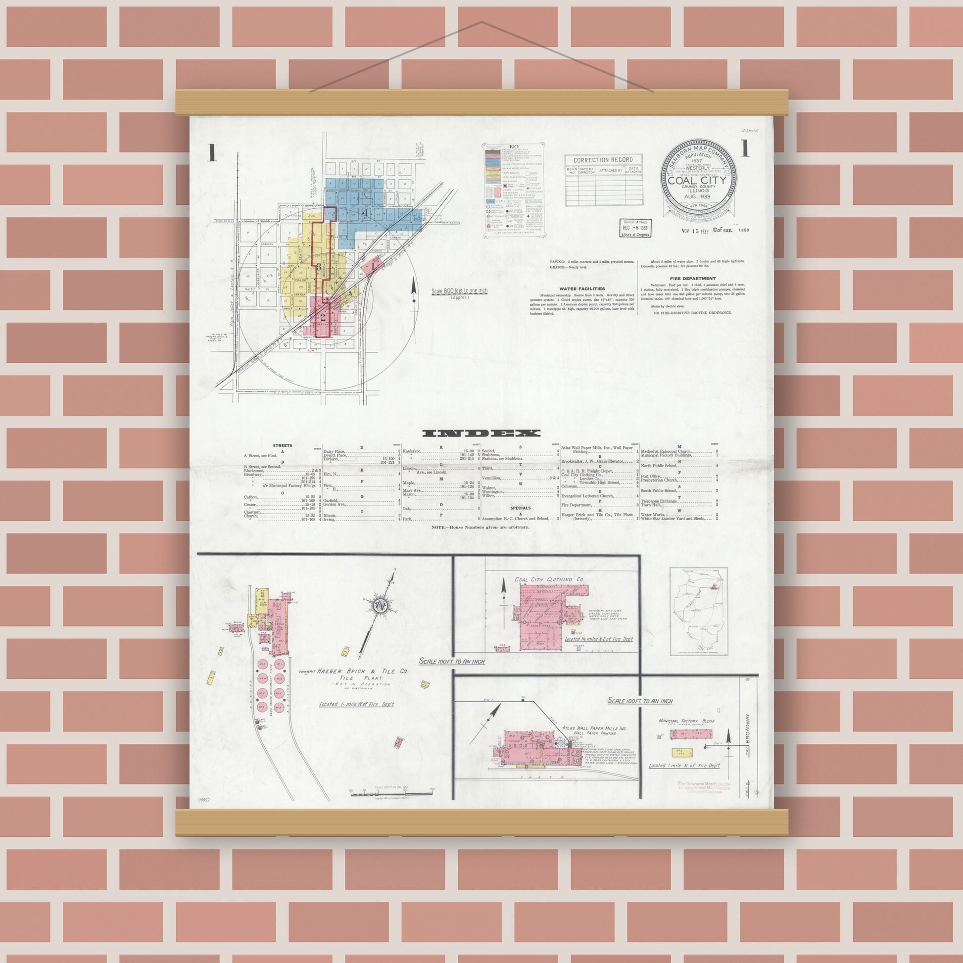 Old map wall art mockup — magnetic wood frame on brick wall — Sanborn Fire Insurance Map from Coal City, Grundy County, Illinois (1933) - Complete Map Set