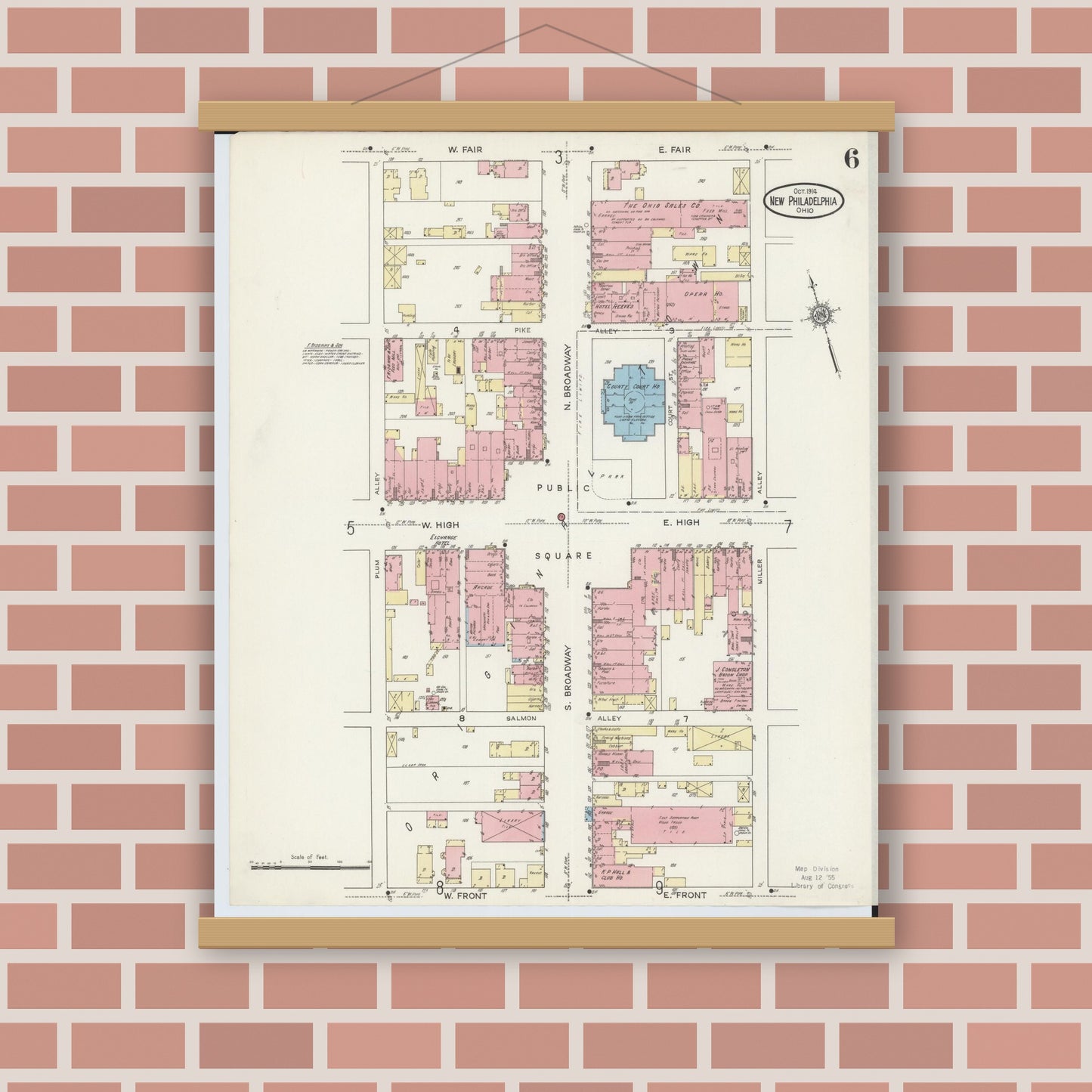 Old map wall art mockup — magnetic wood frame on brick wall — Sanborn Fire Insurance Map from New Philadelphia, Tuscarawas County, Ohio (1914), Sheet #0006