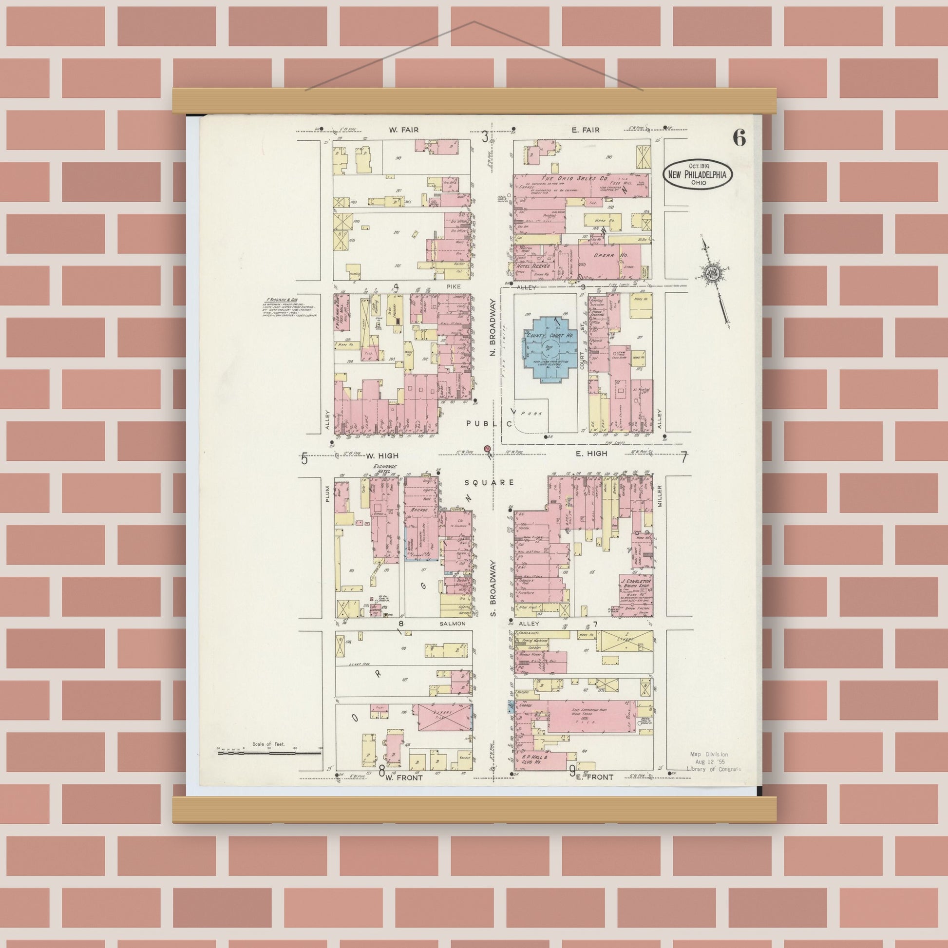 Old map wall art mockup — magnetic wood frame on brick wall — Sanborn Fire Insurance Map from New Philadelphia, Tuscarawas County, Ohio (1914), Sheet #0006