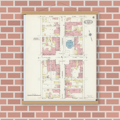 Old map wall art mockup — magnetic wood frame on brick wall — Sanborn Fire Insurance Map from New Philadelphia, Tuscarawas County, Ohio (1914), Sheet #0006