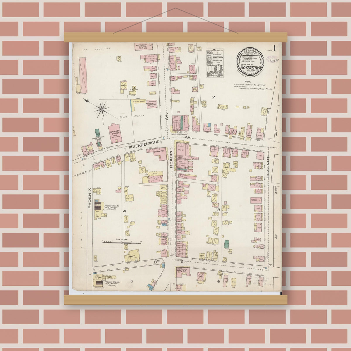 Old map wall art mockup — magnetic wood frame on brick wall — Sanborn Fire Insurance Map from Boyertown, Berks County, Pennsylvania (1886) - Complete Map Set
