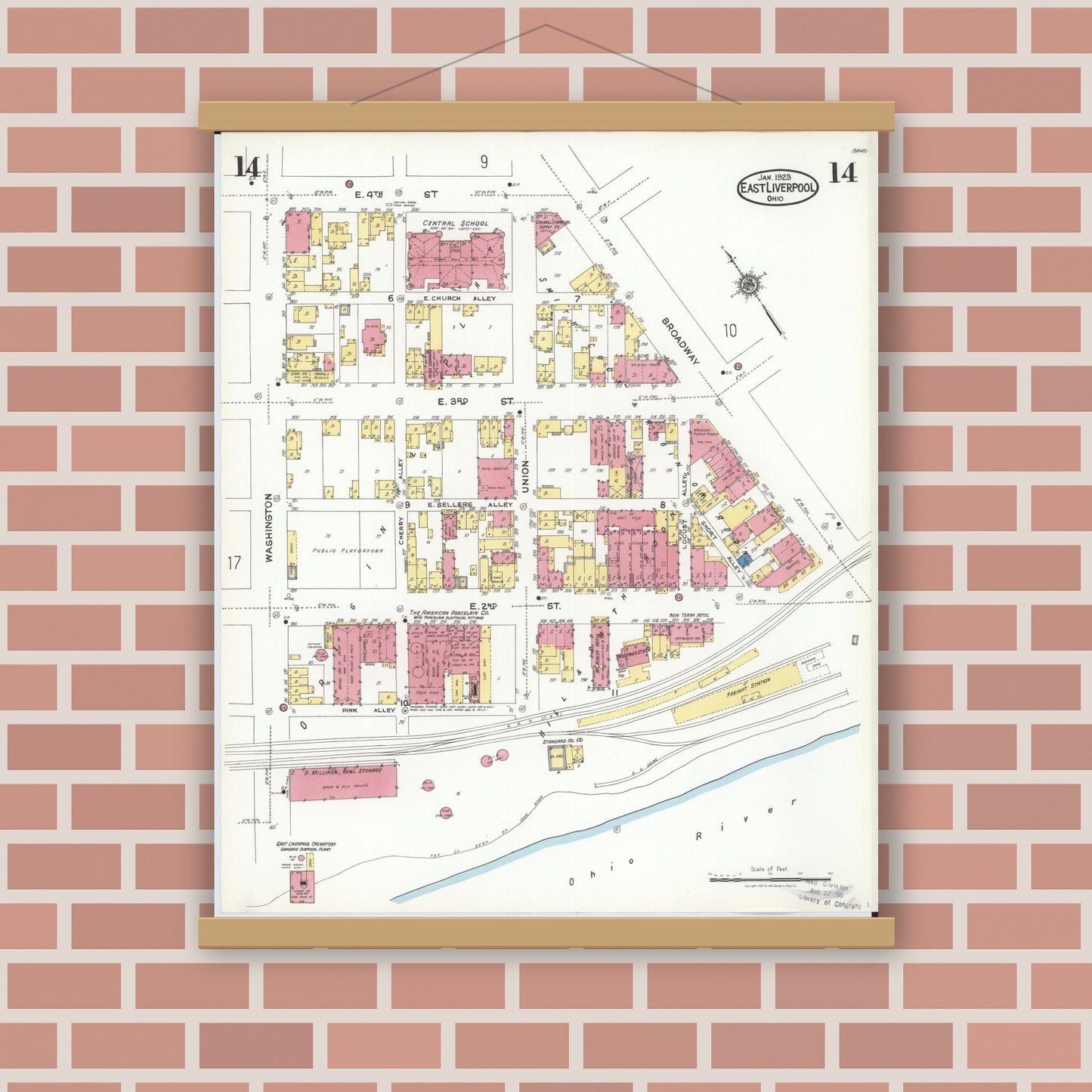 Old map wall art mockup — magnetic wood frame on brick wall — Sanborn Fire Insurance Map from East Liverpool, Columbiana County, Ohio (1923), Sheet #0014