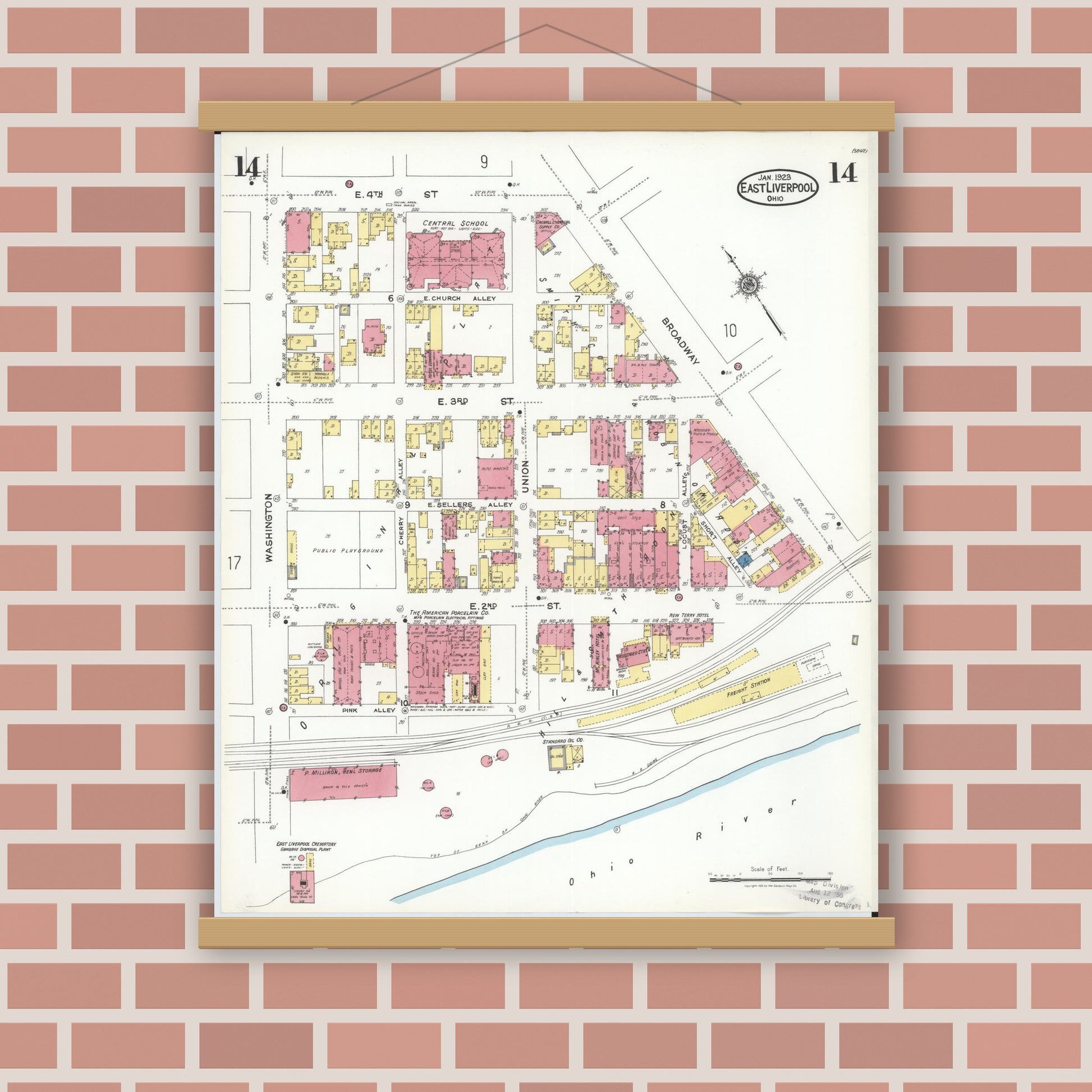 Old map wall art mockup — magnetic wood frame on brick wall — Sanborn Fire Insurance Map from East Liverpool, Columbiana County, Ohio (1923), Sheet #0014