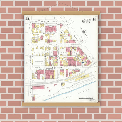 Old map wall art mockup — magnetic wood frame on brick wall — Sanborn Fire Insurance Map from East Liverpool, Columbiana County, Ohio (1923), Sheet #0014
