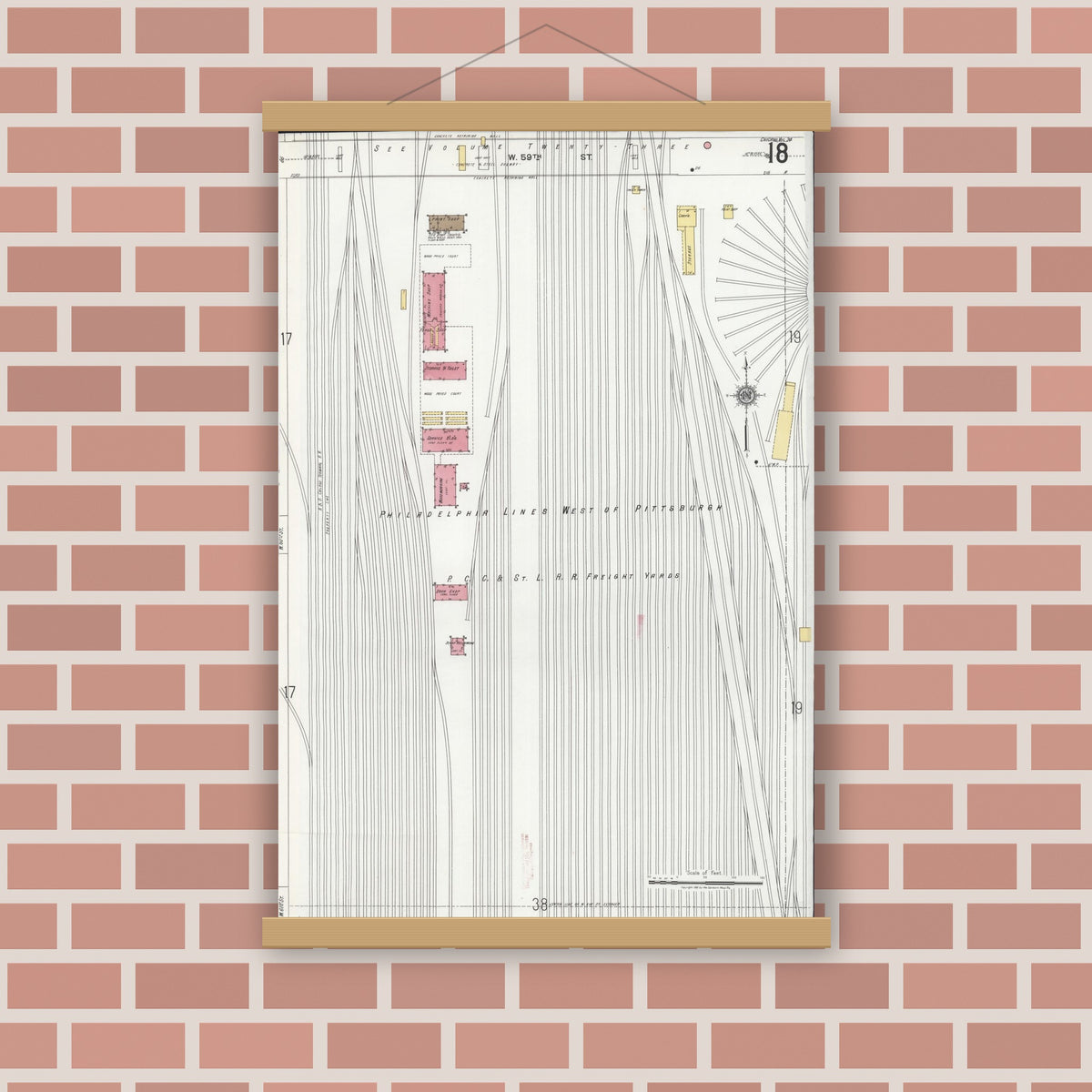 Old map wall art mockup — magnetic wood frame on brick wall — Sanborn Fire Insurance Map from Chicago, Cook County, Illinois (1920), Sheet #0018