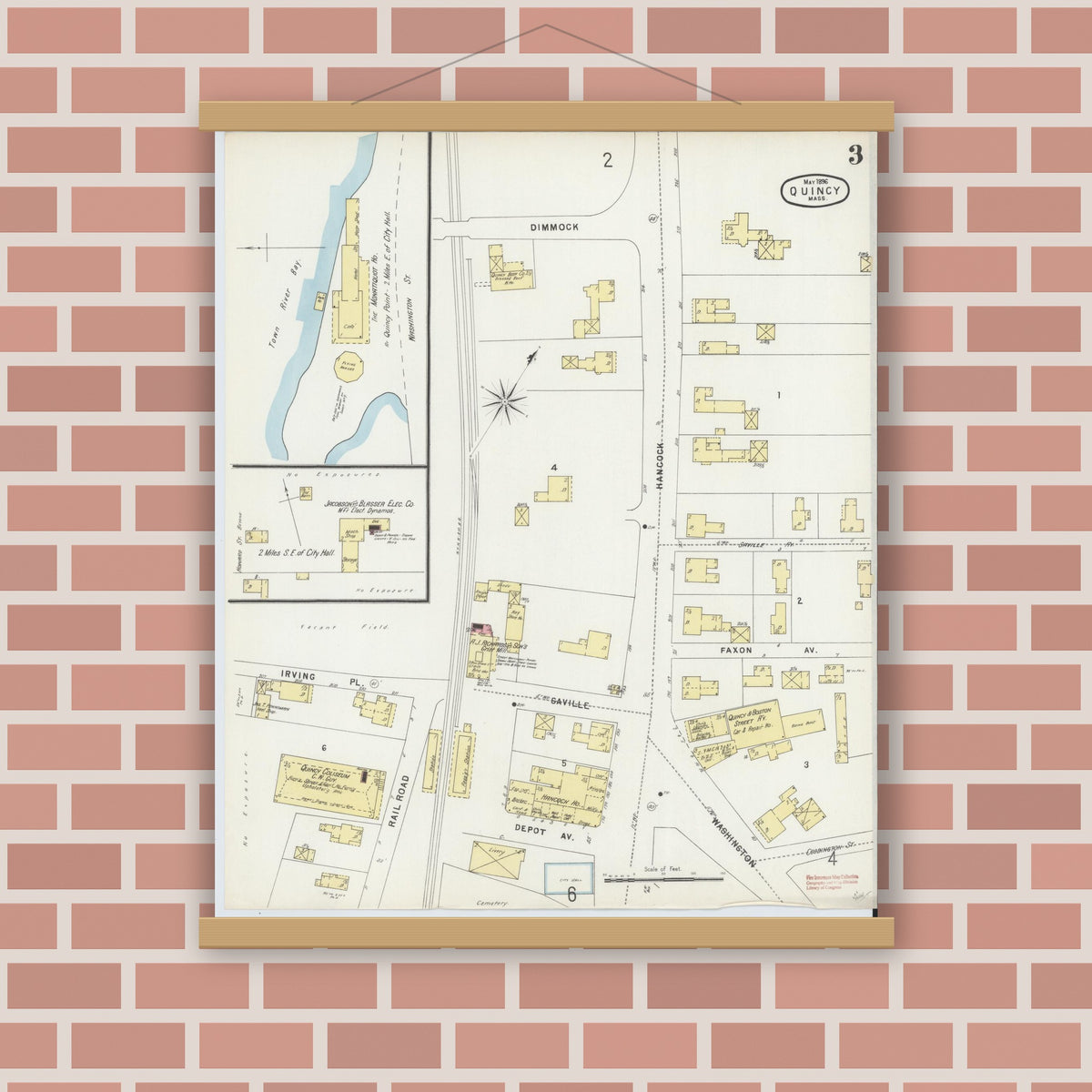 Old map wall art mockup — magnetic wood frame on brick wall — Sanborn Fire Insurance Map from Quincy, Norfolk County, Massachusetts (1896), Sheet #0003